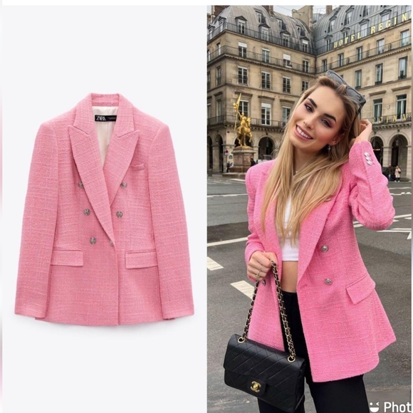 Zara Textured Tweed  Double Breasted  Blazer pink size M - Picture 1 of 15